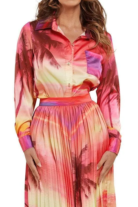 Sunset Print Ombre Woven Shirt and Maxi Skirt Set