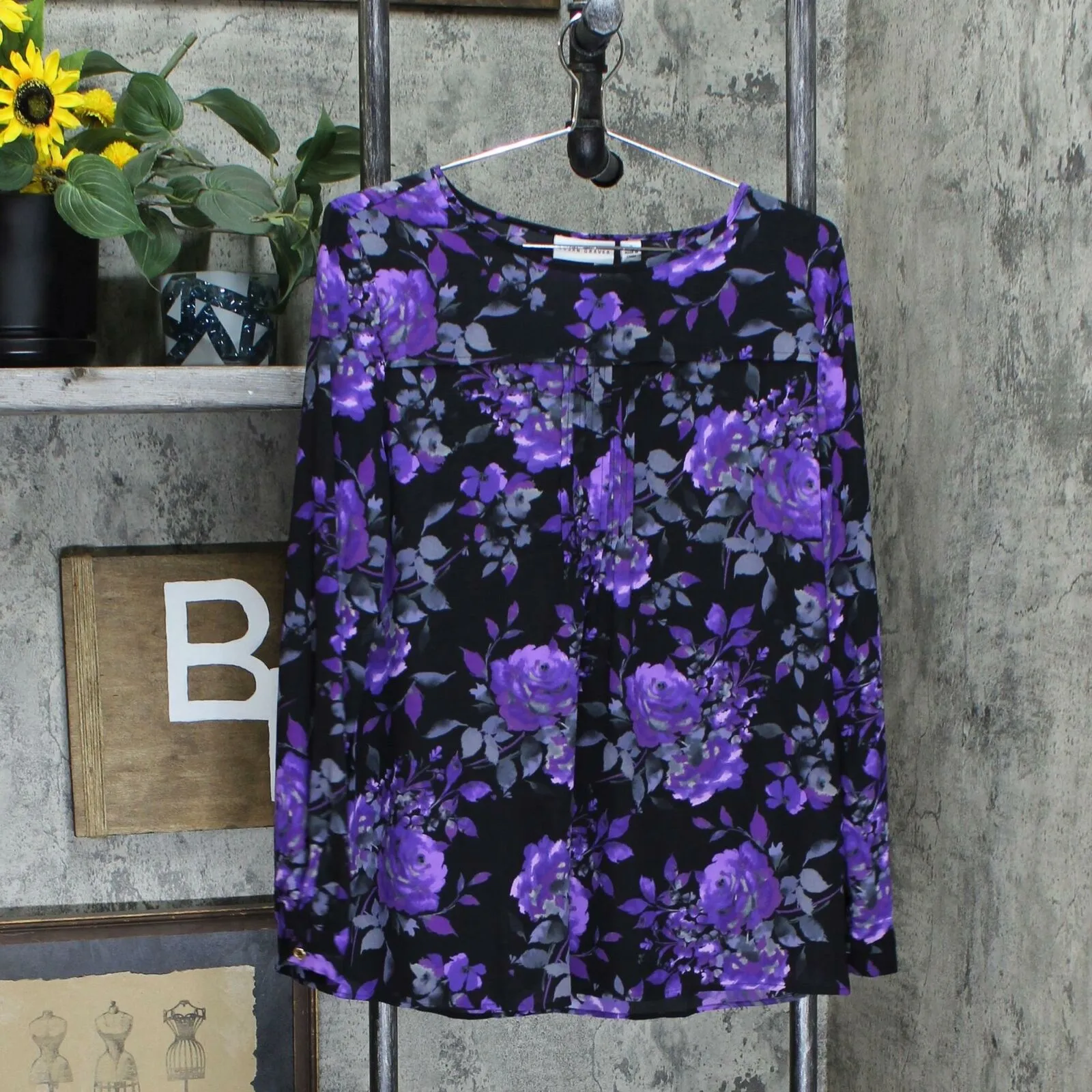 Susan Graver Women's Feather Weave Floral Pleated Blouse