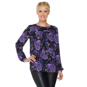Susan Graver Women's Feather Weave Floral Pleated Blouse