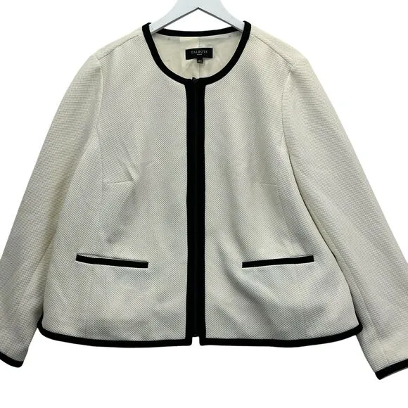 Talbots Blazer Jacket Lined Long Sleeves Women’s Size 16W Cream With Black Trim