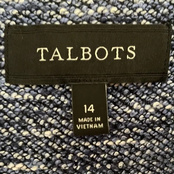 Talbots Blue Tweed Jacket Blazer Size 14 Navy Piping Trim Office Classic