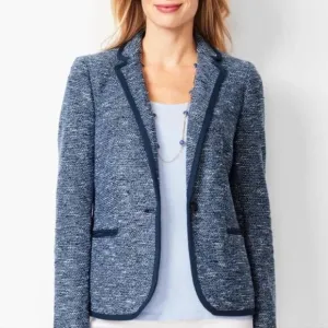 Talbots Blue Tweed Jacket Blazer Size 14 Navy Piping Trim Office Classic