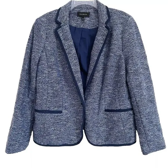 Talbots Blue Tweed Jacket Blazer Size 14 Navy Piping Trim Office Classic