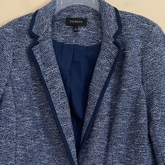 Talbots Blue Tweed Jacket Blazer Size 14 Navy Piping Trim Office Classic