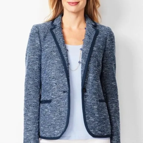 Talbots Blue Tweed Jacket Blazer Size 14 Navy Piping Trim Office Classic