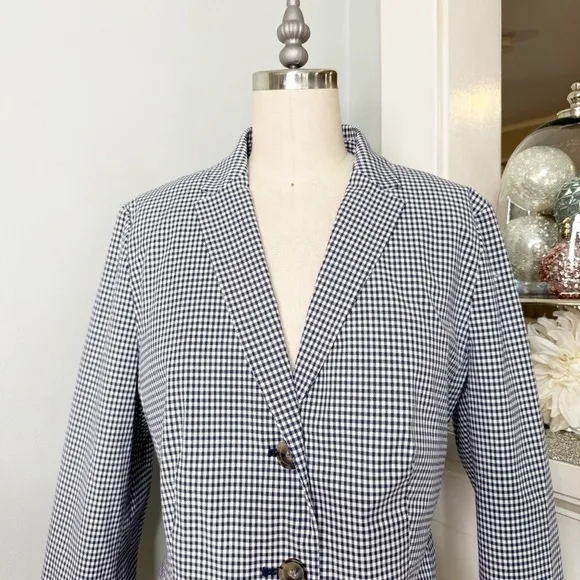Talbots Gingham Check Blazer Jacket Blue &amp; White Print Size 10