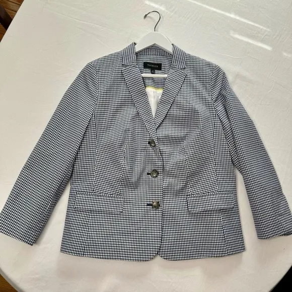 Talbots Gingham Check Blazer Jacket Blue &amp; White Print Size 10