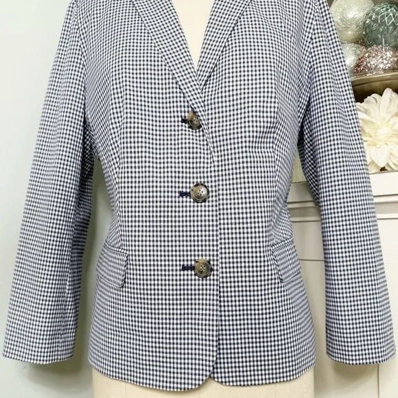 Talbots Gingham Check Blazer Jacket Blue &amp; White Print Size 10