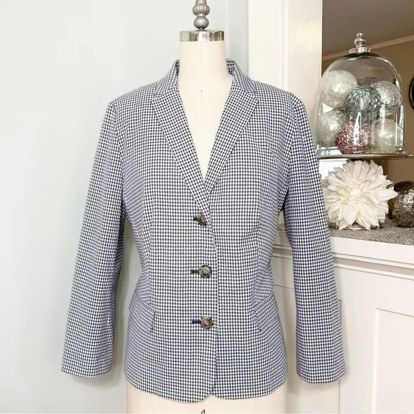 Talbots Gingham Check Blazer Jacket Blue &amp; White Print Size 10