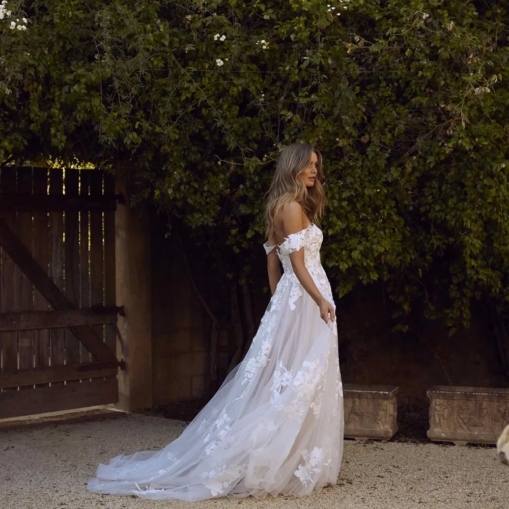 The Sales Rack-Lace Bridal Dress  with off the shoulders appliques A Line Princess style Free Shipping