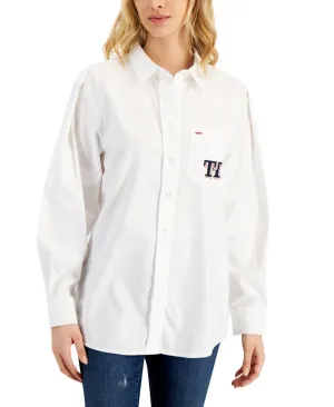 Tommy Hilfiger Women's Cotton Logo Pleated-Sleeve Shirt J2AM0050 White 2XL