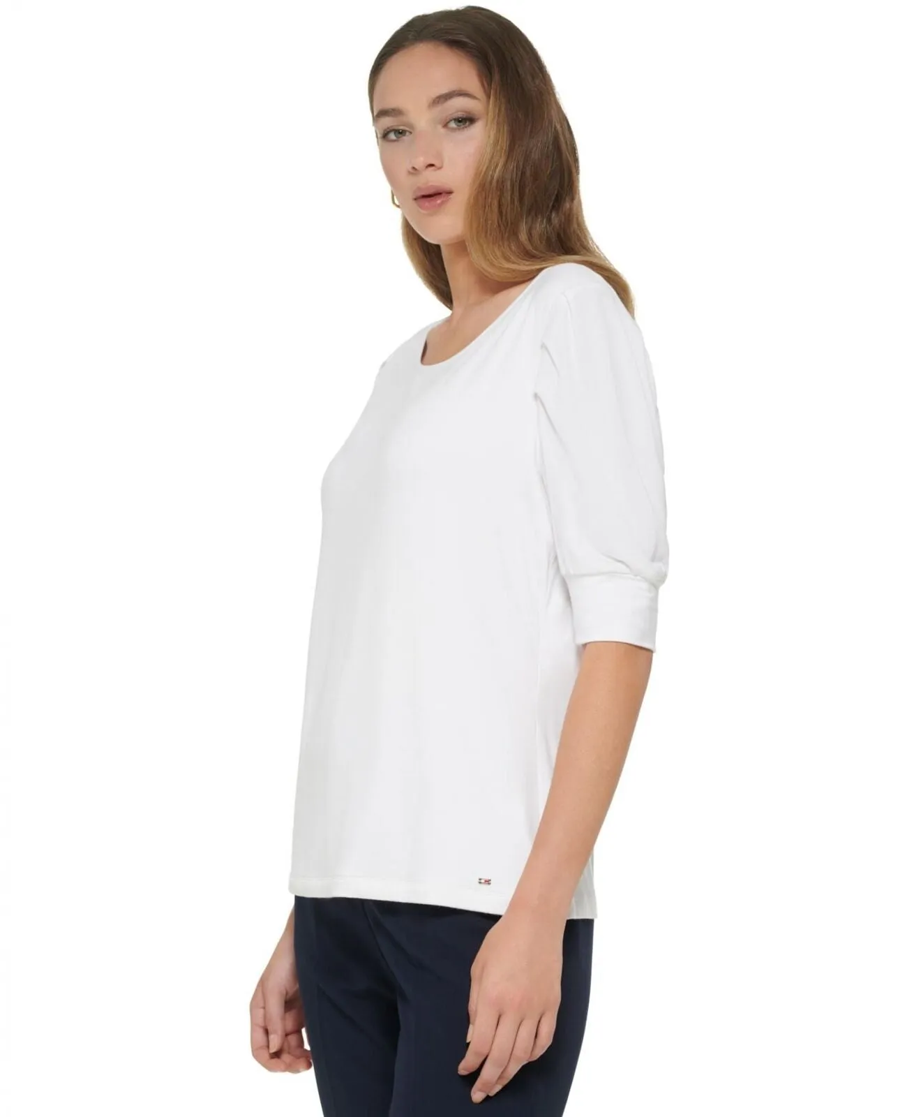 Tommy Hilfiger Womens Elbow-Sleeve Pleated-Shoulder Top H27TN52A Bright White XS