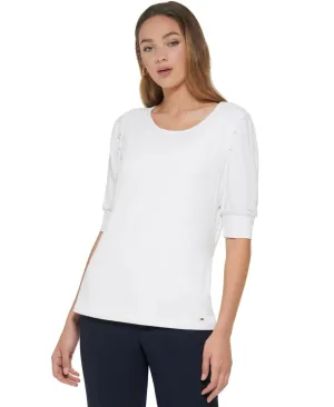 Tommy Hilfiger Womens Elbow-Sleeve Pleated-Shoulder Top H27TN52A Bright White XS