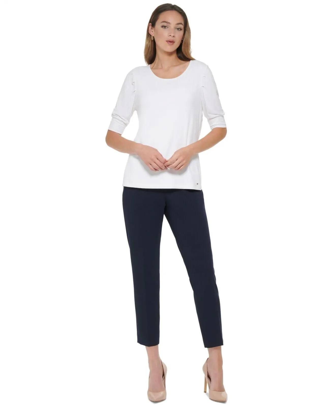 Tommy Hilfiger Womens Elbow-Sleeve Pleated-Shoulder Top H27TN52A Bright White XS