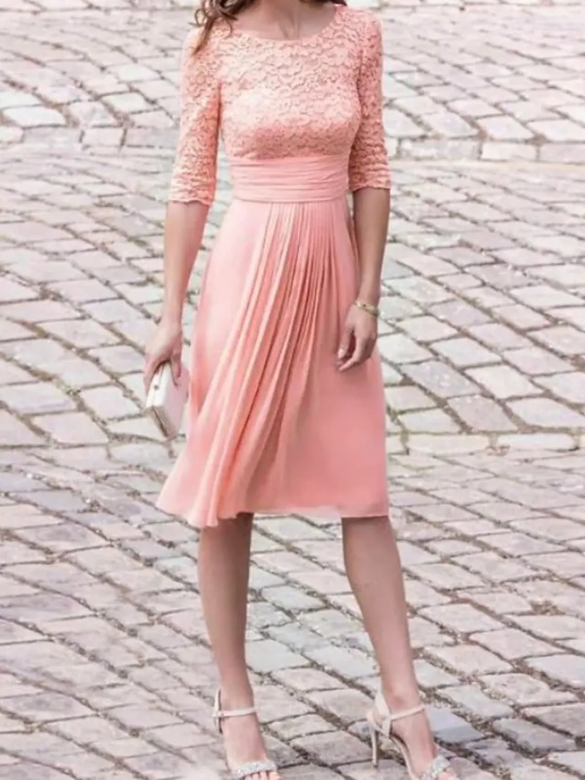 Two Piece Lace Chiffon Knee Length Pleats Mother of Bride Dress, Wrap