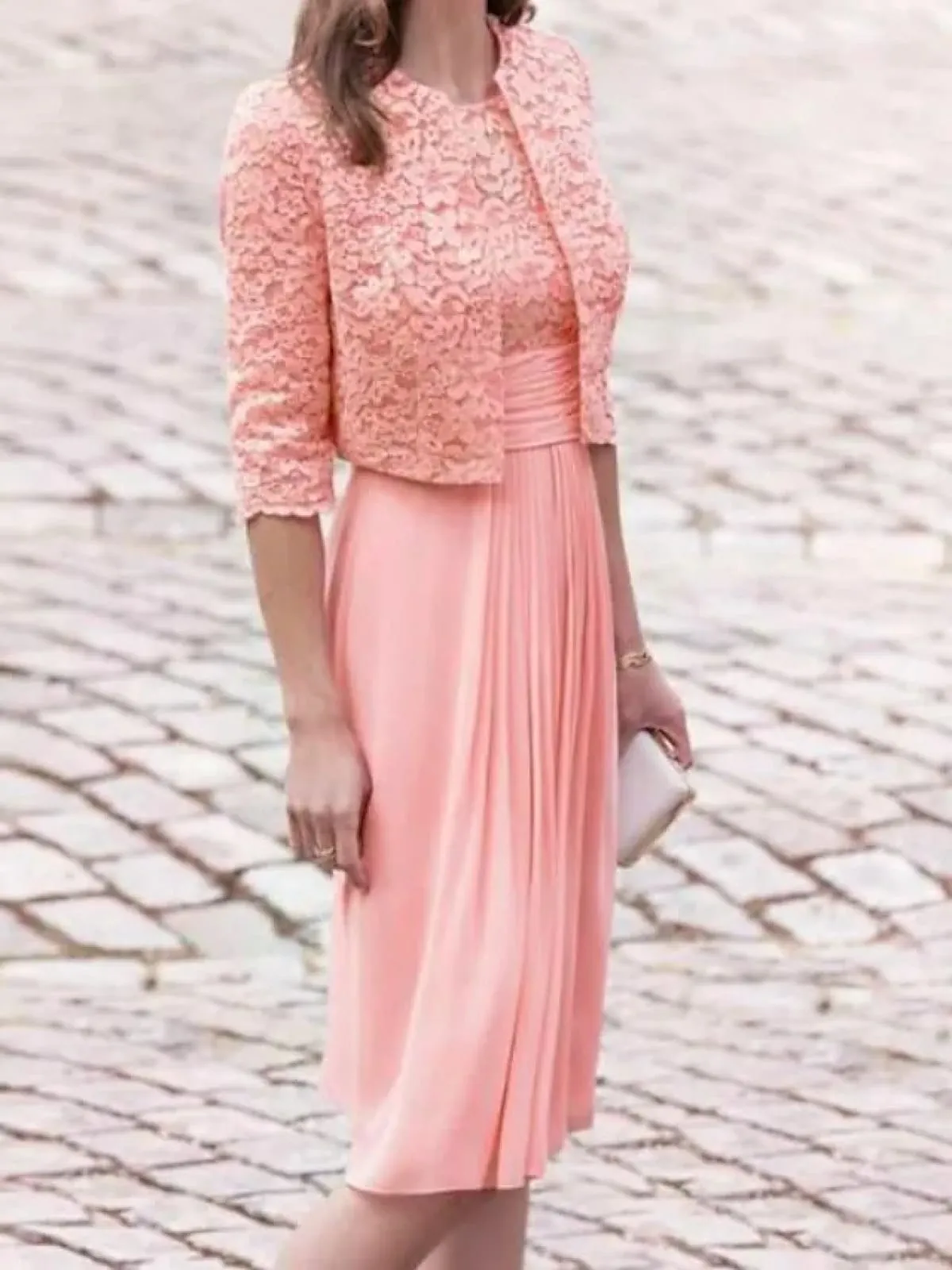 Two Piece Lace Chiffon Knee Length Pleats Mother of Bride Dress, Wrap