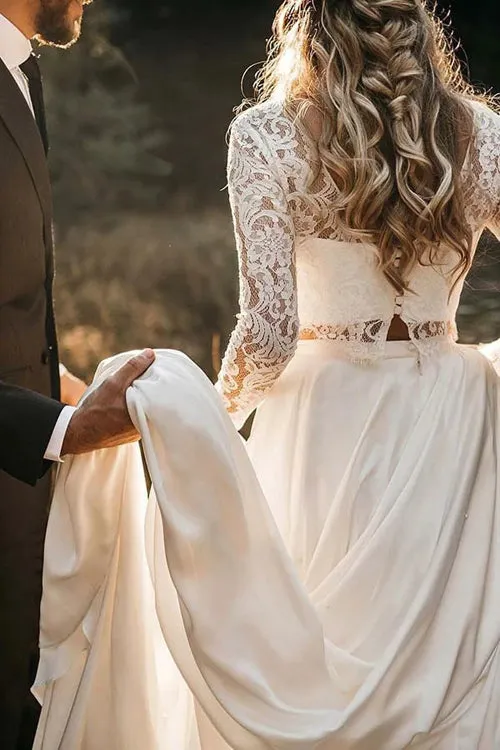Two Piece Round Neck Lace White Chiffon Wedding Dress With Long Sleeves,MW392