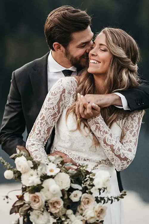 Two Piece Round Neck Lace White Chiffon Wedding Dress With Long Sleeves,MW392