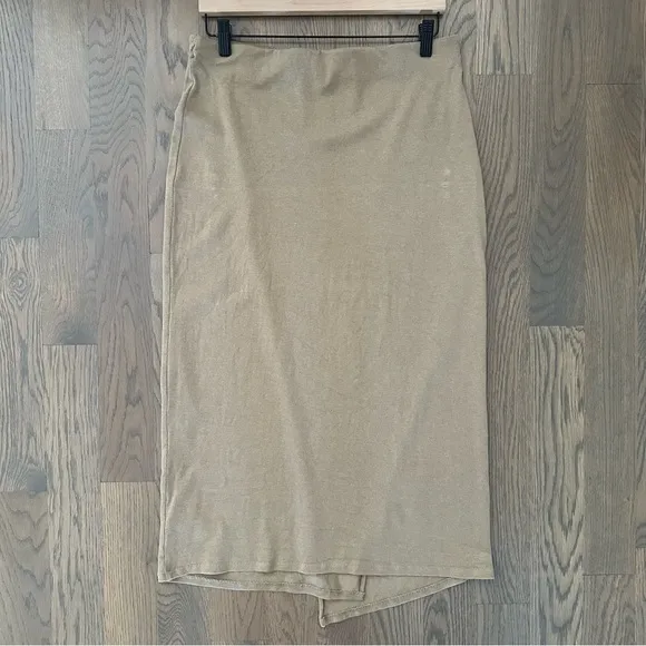 Vince Overlap Side-Drape Midi Knit High Rise Skirt in Dark Wheat Tan Size Medium