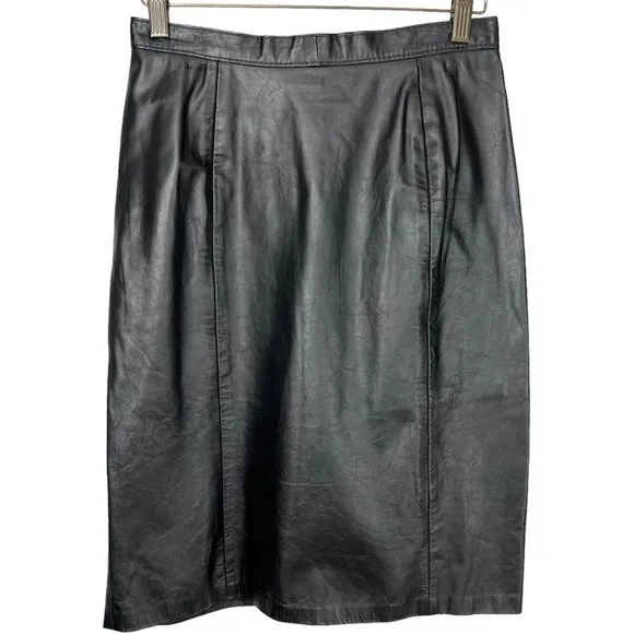 Vintage 90s Black Leather Straight Mini Skirt Size 8