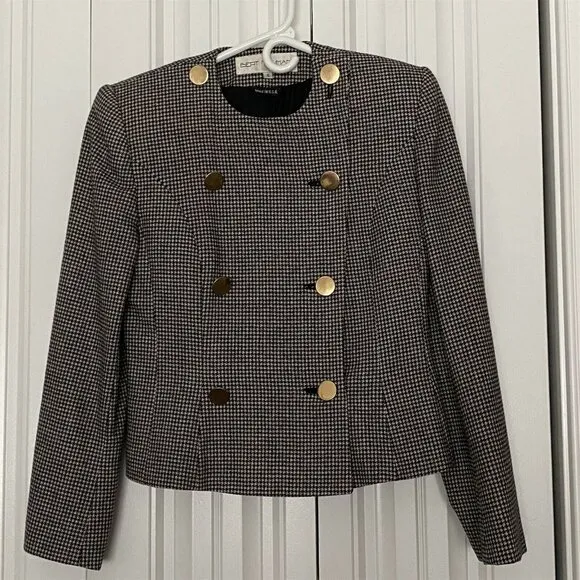 Vintage Bert Newman Cropped Double Breasted Jacket Houndstooth Military Band 4