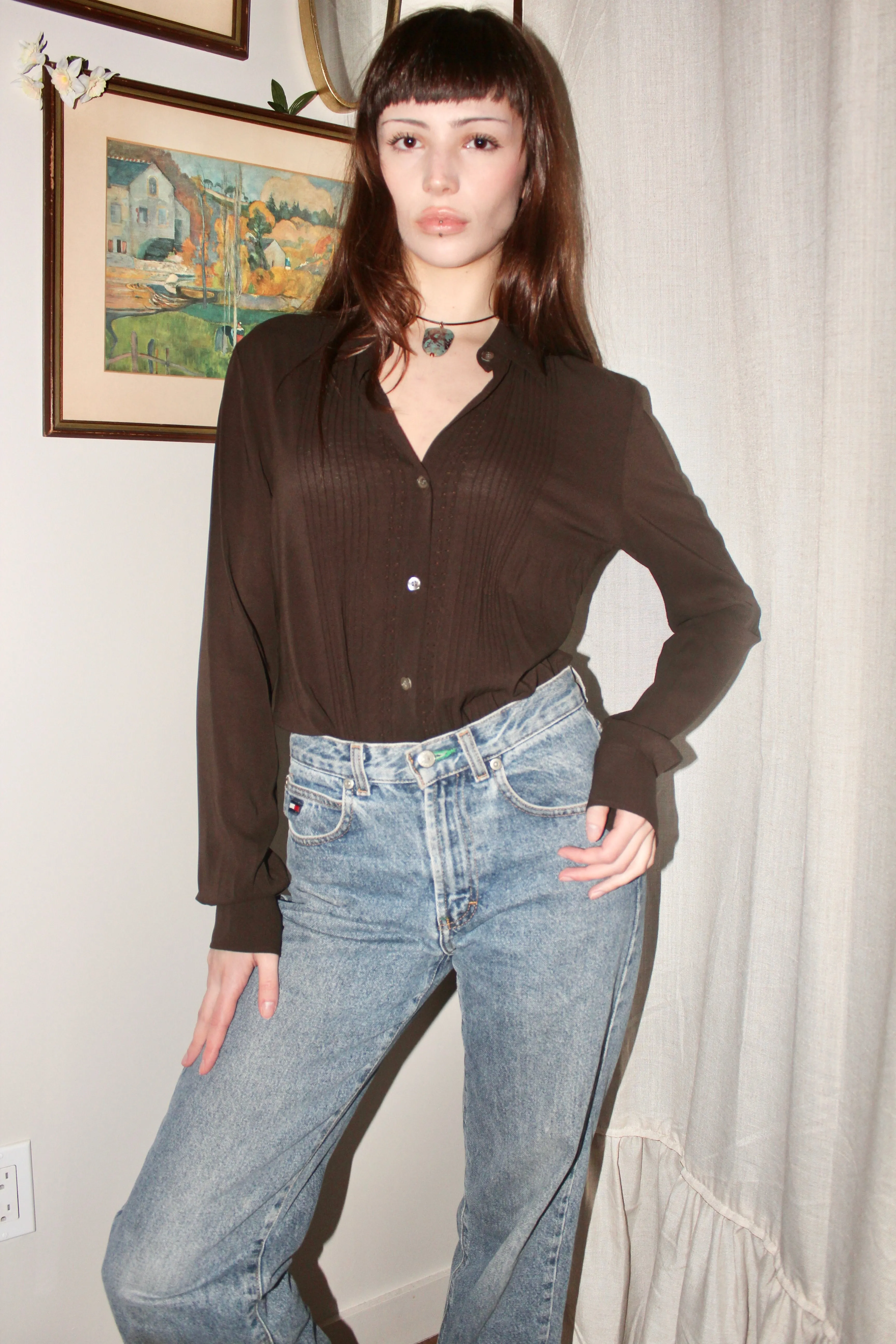 Vintage Chocolate Pleated Silk Blouse (M)