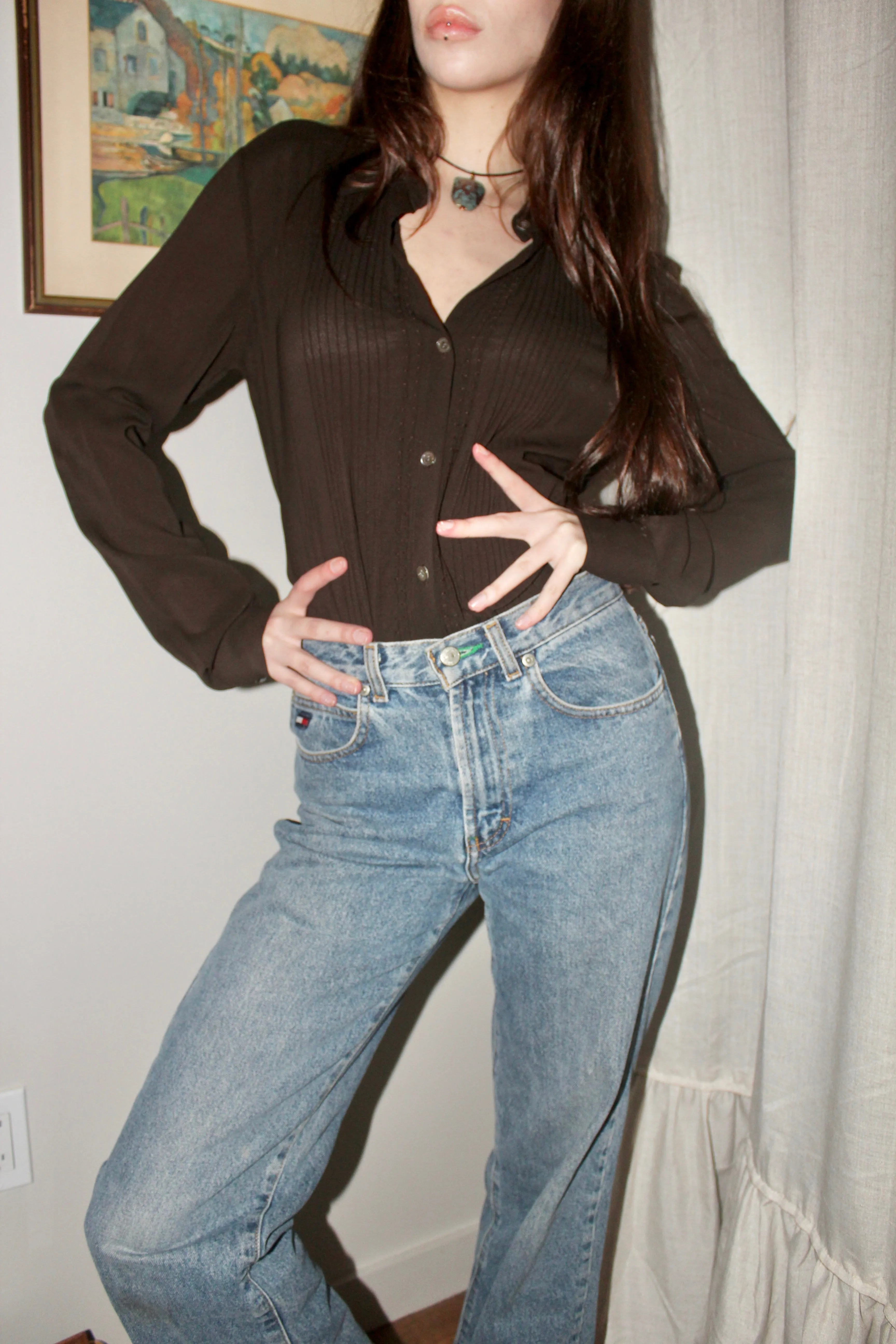 Vintage Chocolate Pleated Silk Blouse (M)