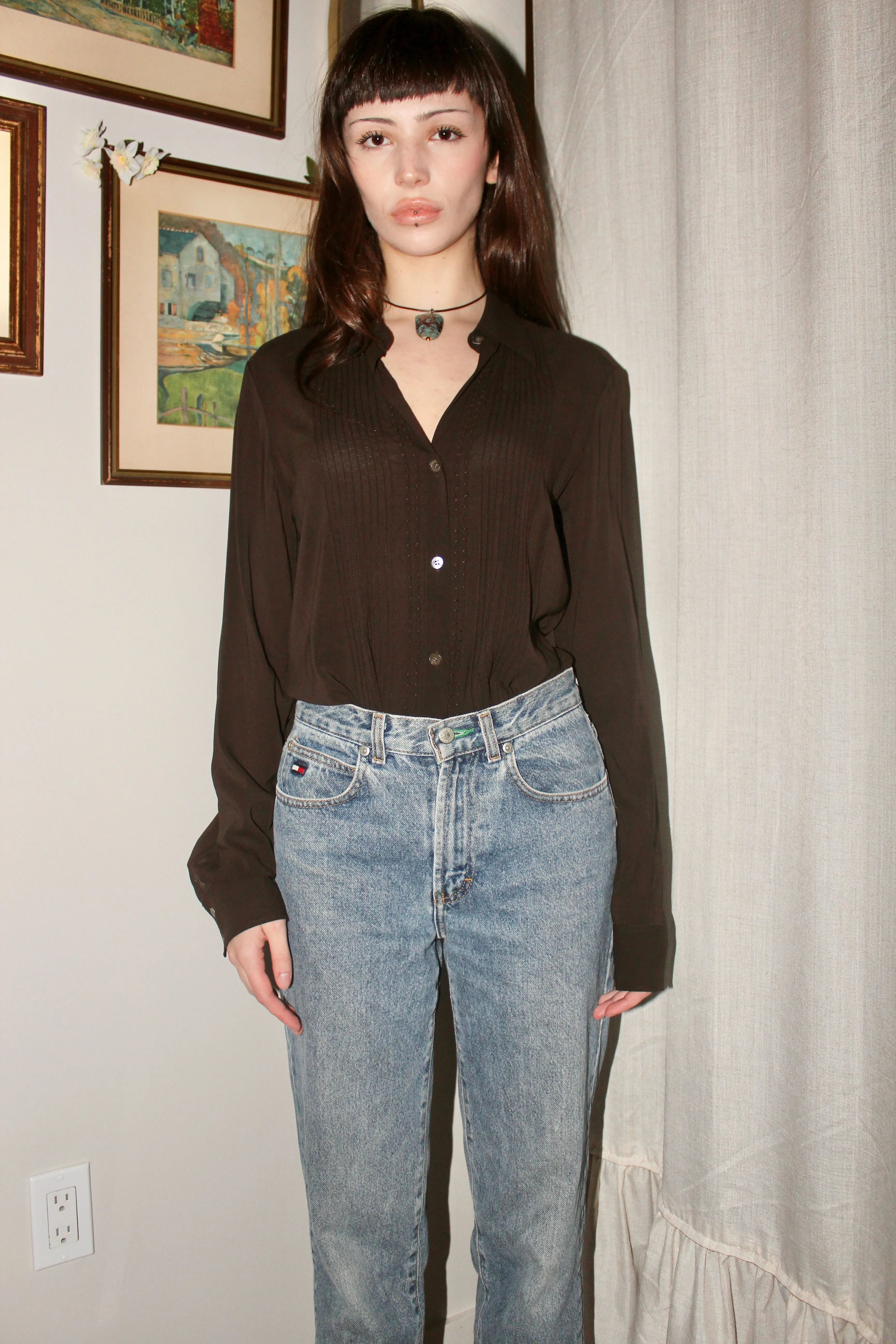 Vintage Chocolate Pleated Silk Blouse (M)