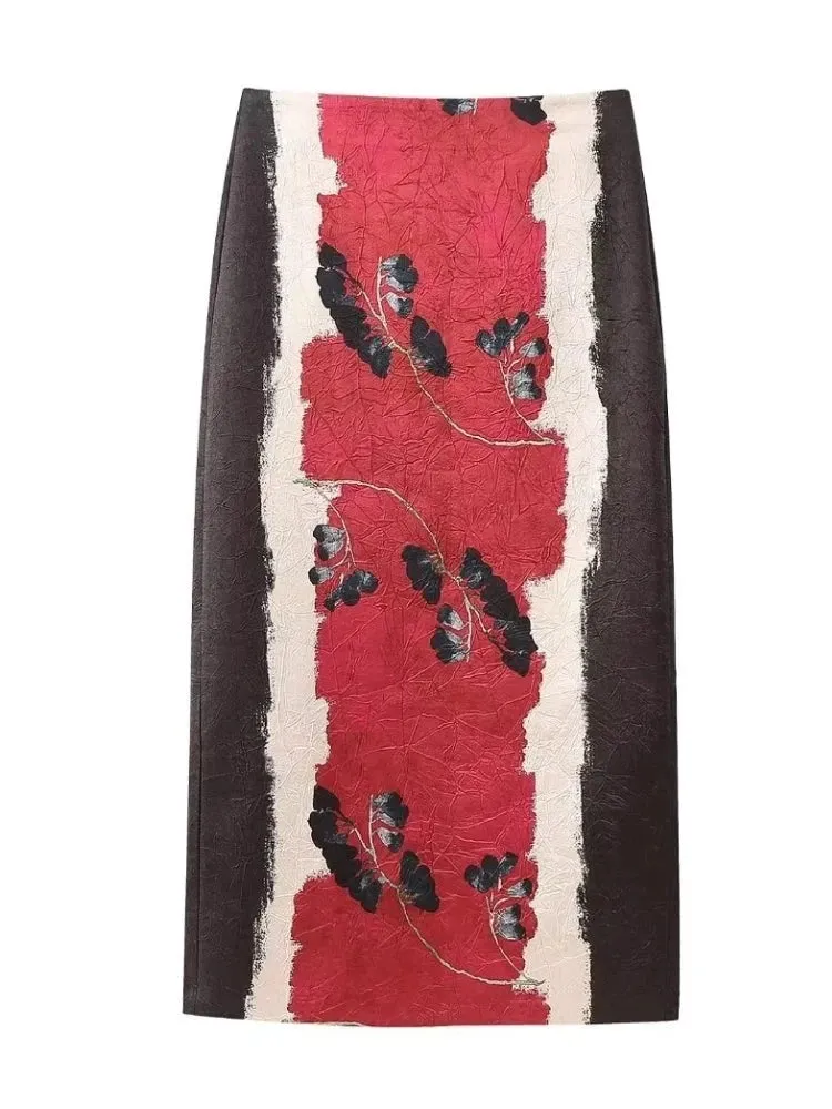 Vintage Flower Print Midi Skirt