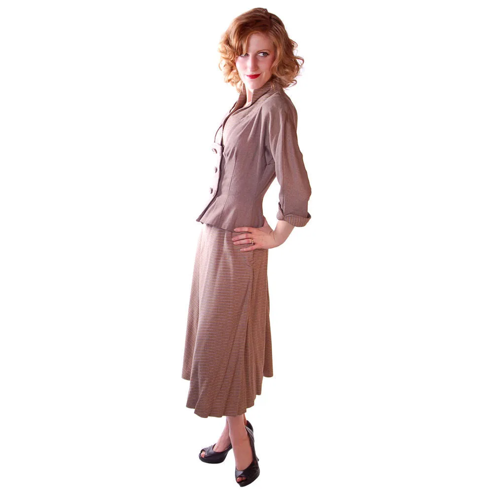 Vintage Mocha Wool 2-Tone Suit 1940S Marie Phillips 34-24-Free