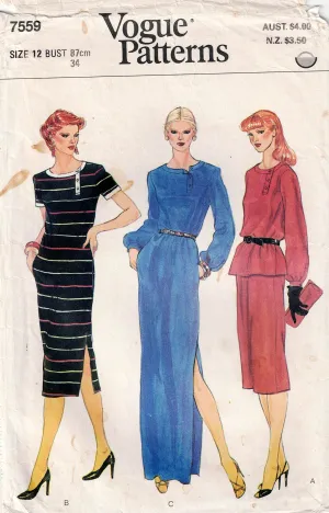 Vogue 7559 Womens Asymmetric Dress or Top & Skirt 1980s Vintage Sewing Pattern Size 12 Bust 34 inches UNCUT Factory Folded