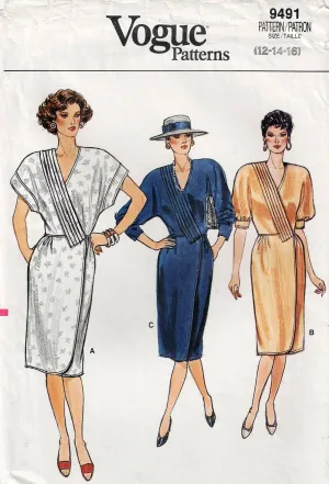 Vogue 9491 Womens Wrap Dress with Tucked Front Band 1980s Vintage Sewing Pattern Size 12 - 16