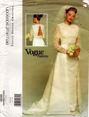 Vogue Bridal Original 1535 BELLVILLE SASSOON Womens Wedding Gown with Cut Out Back 1990s Vintage Sewing Pattern Size 6 - 10 UNCUT Factory Folded