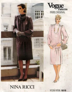 Vogue Paris Original 1619 NINA RICCI Womens Pleated Shoulder Top & Mock Wrap Skirt 1980s Vintage Sewing Pattern Size 14 Bust 36 inches UNCUT Factory Folded