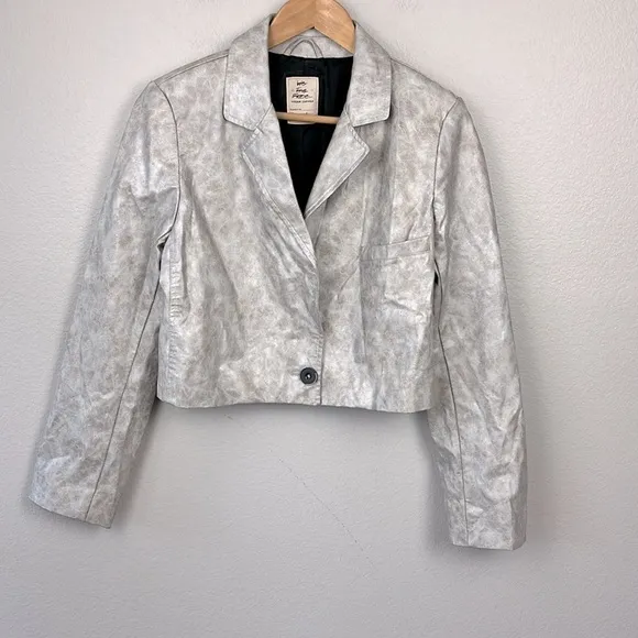 We the Free Block Party Vegan Leather Jacket Cropped Blazer Metallic Silver S