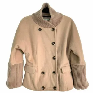 Whim Womens Tan Half Collar Wool Cashmere 3/4 Sleeve Double-Breasted Jacket Sz M