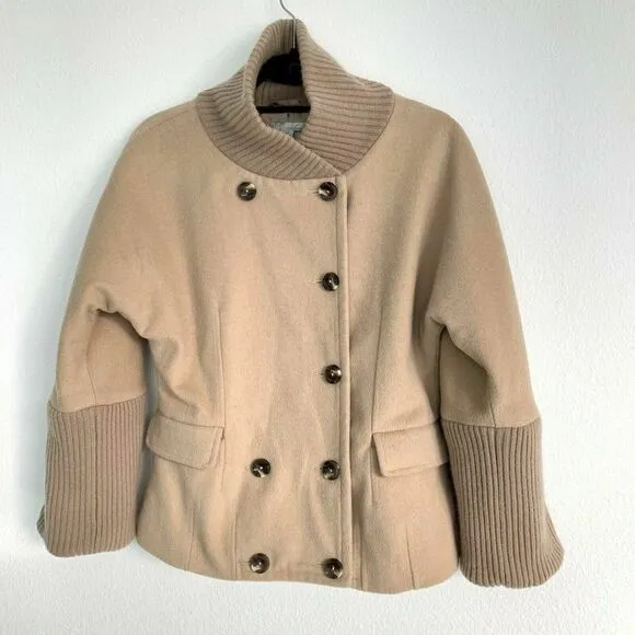 Whim Womens Tan Half Collar Wool Cashmere 3/4 Sleeve Double-Breasted Jacket Sz M