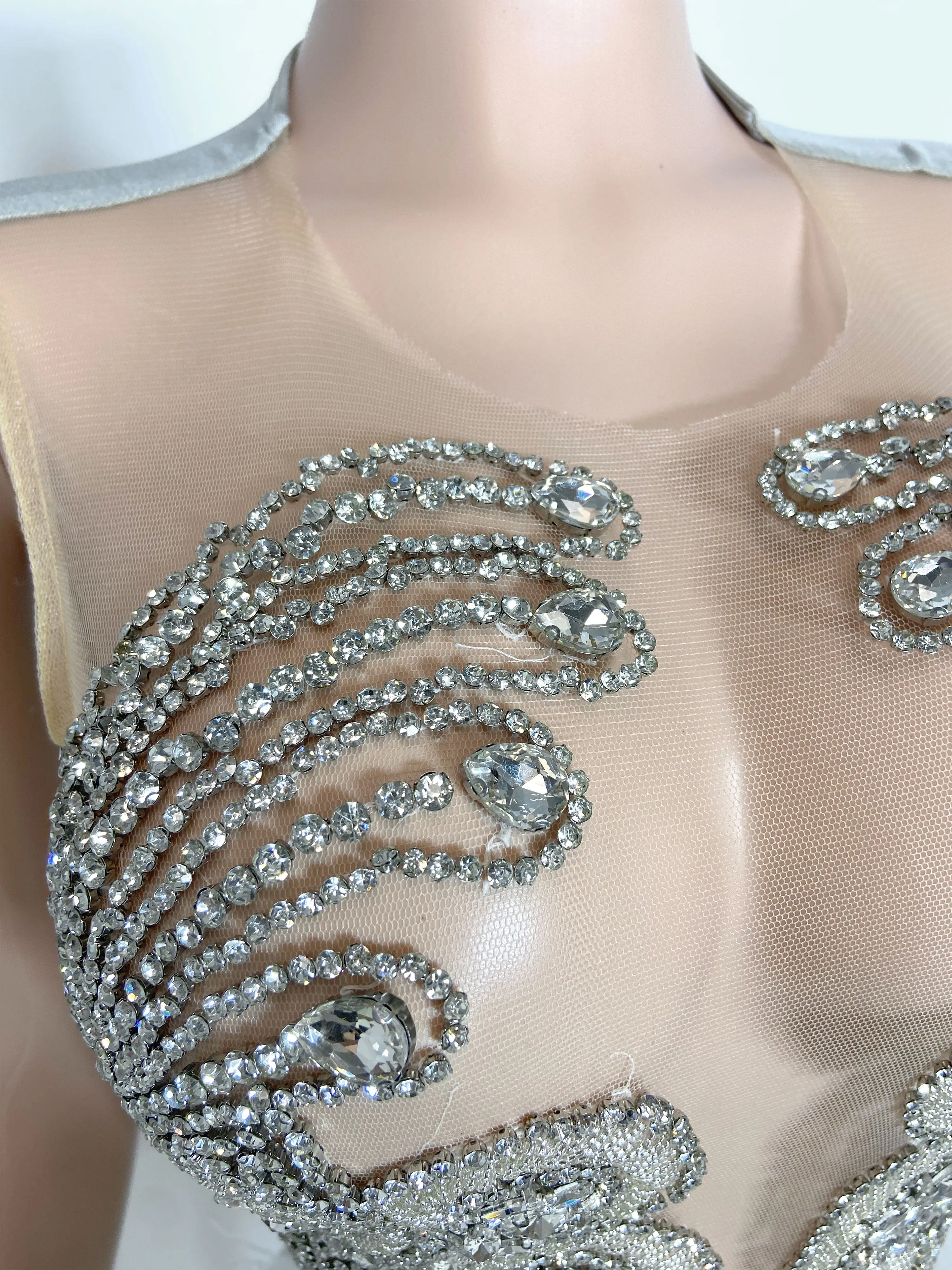 White Ostrich Fur and Rhinestone Sleeveless Mini Dress