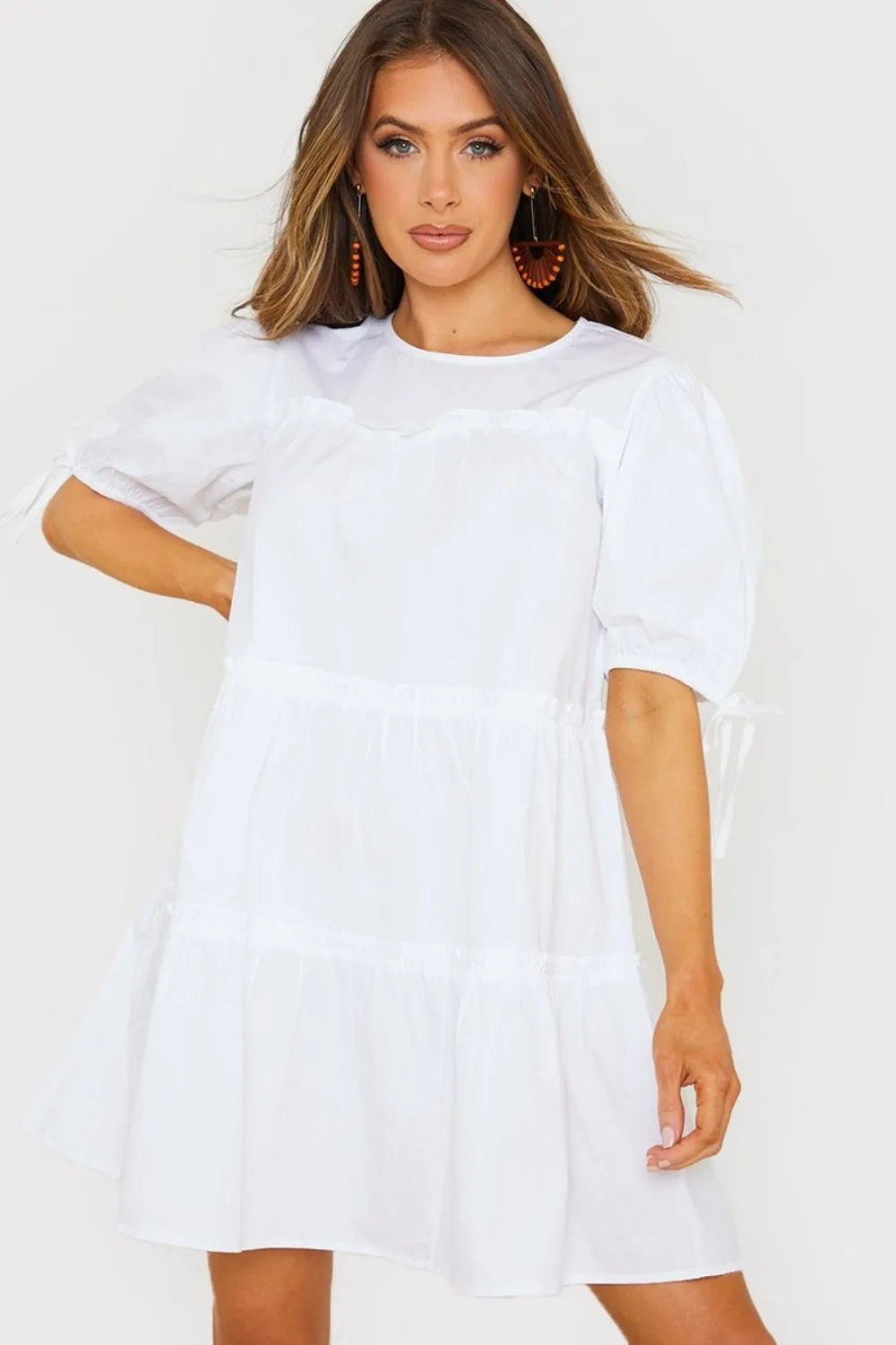 White Poplin Tiered Smock Dress