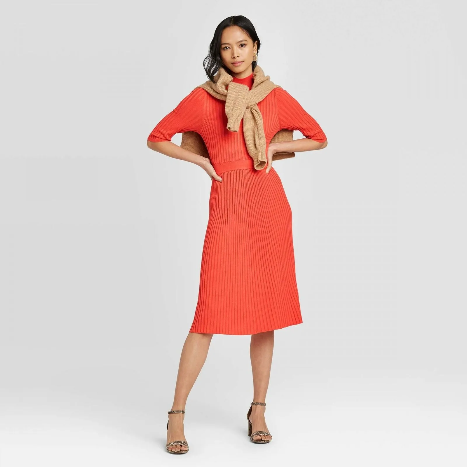 Who What Wear Women's Elbow Sleeve Mock Neck Flat Rib Sweater Dress