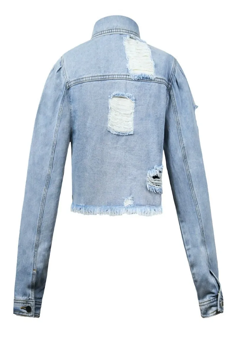 Womans Light Blue Long Sleeve Ripped Denim Jacket