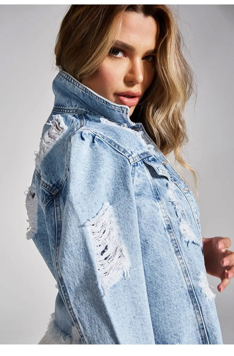 Womans Light Blue Long Sleeve Ripped Denim Jacket