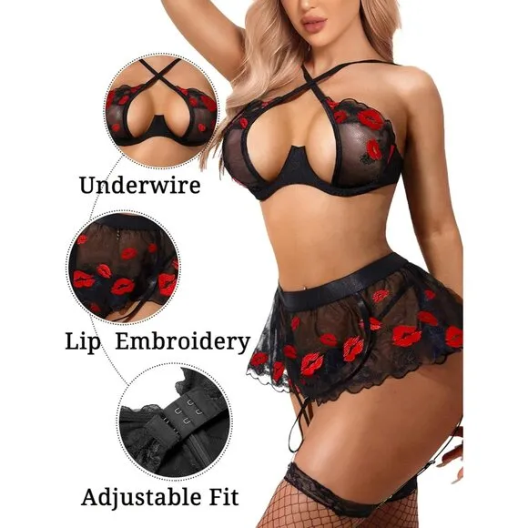 Women Red Lip Garter Lingerie Set with Underwire 3 Piece Lace High