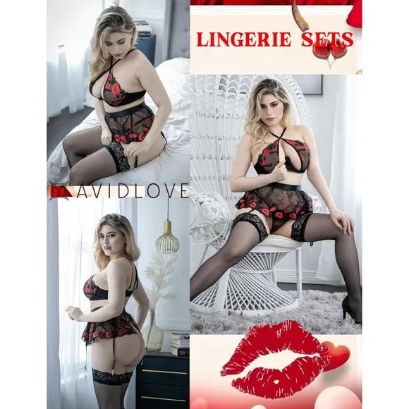 Women Red Lip Garter Lingerie Set with Underwire 3 Piece Lace High