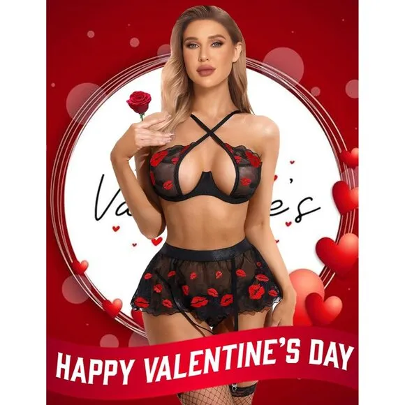 Women Red Lip Garter Lingerie Set with Underwire 3 Piece Lace High