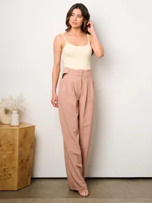 WOMEN'S BUTTON CLOSURE PLEATED WIDE LEG PALAZZO PANTS