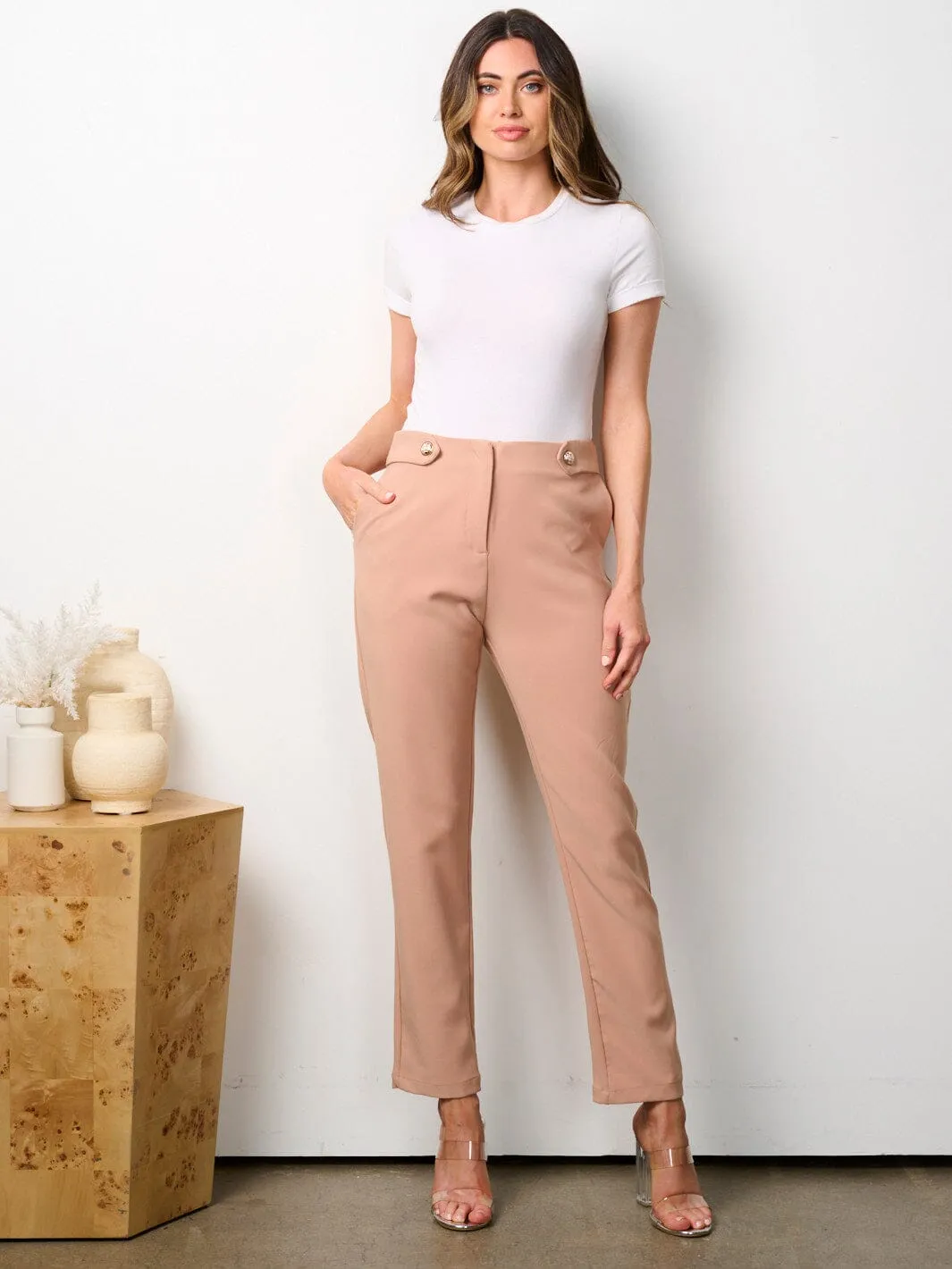 WOMEN'S BUTTON CLOSURE POCKETS WIDE LEG PANTS