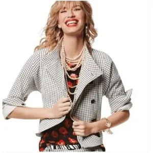 Women's Cabi | 3173 Windowpane Jacket Blazer Funnel Neck 3/4 Sleeves Button Up M