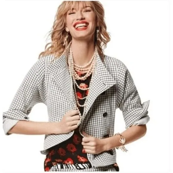 Women's Cabi | 3173 Windowpane Jacket Blazer Funnel Neck 3/4 Sleeves Button Up M