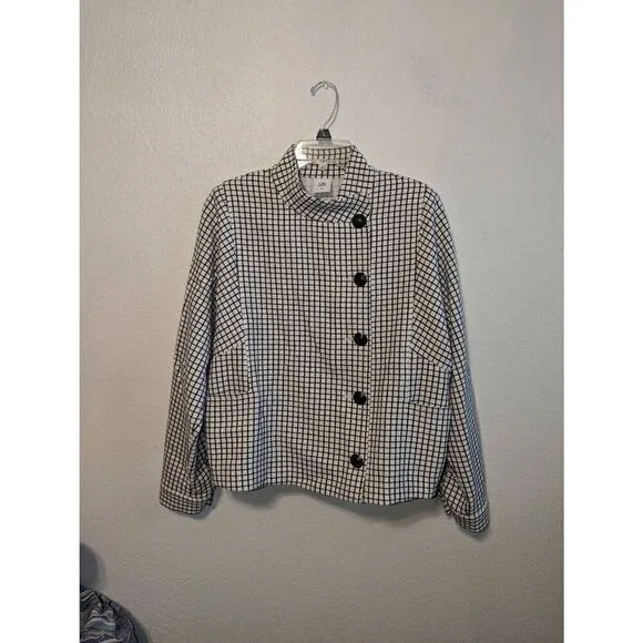 Women's Cabi | 3173 Windowpane Jacket Blazer Funnel Neck 3/4 Sleeves Button Up M